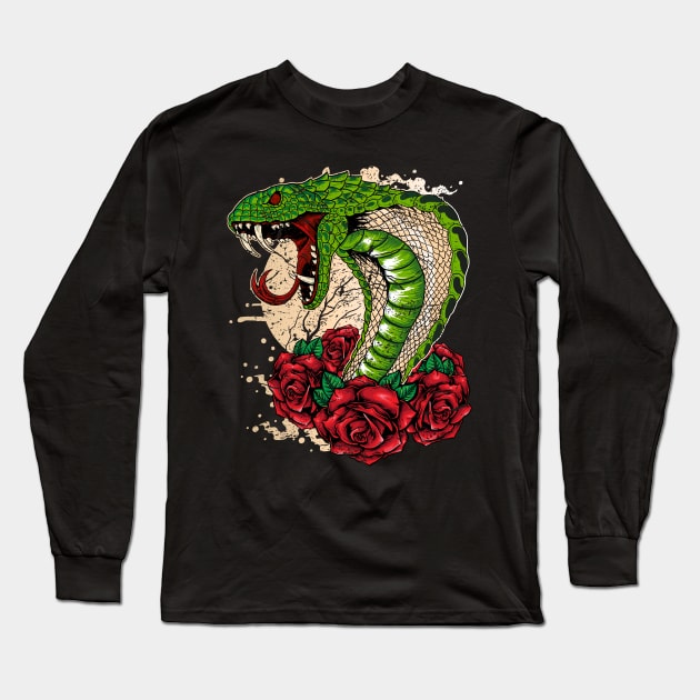 Cobra snake with roses Long Sleeve T-Shirt by RockabillyM